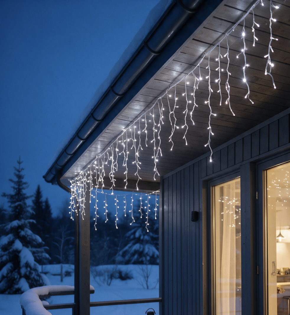 200 LED lampiņu aizkars auksti balts 9.5 m