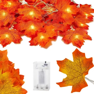 LED virtene ar kļavu lapām, 20 LED, silti balta, ar baterijām